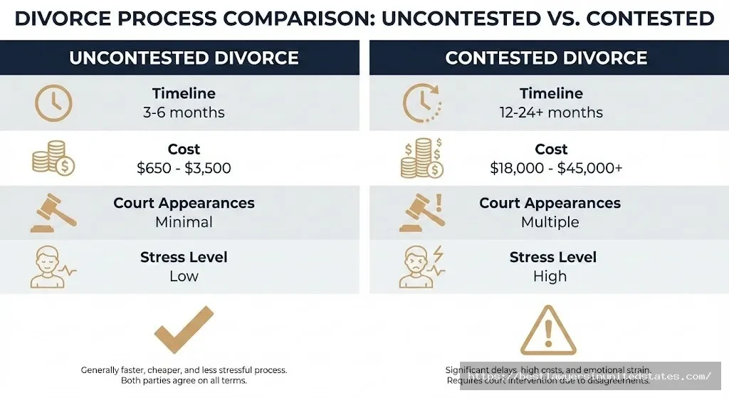 Uncontested divorce costs $650-$3,500 versus contested divorce $18,000-$45,000 in South Carolina timeline and cost comparison