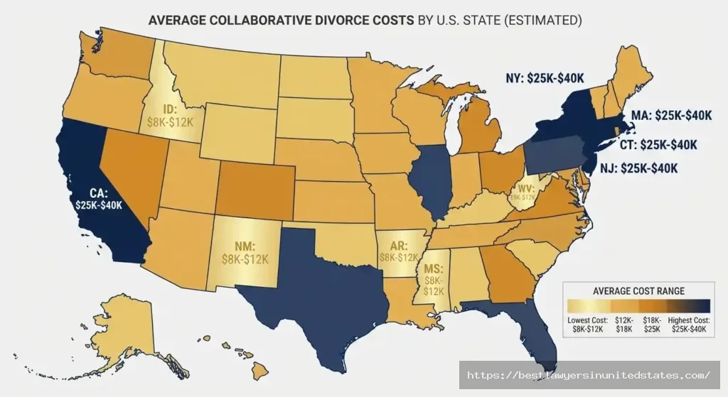 United States heat map showing average collaborative divorce costs by state with California and New York highest