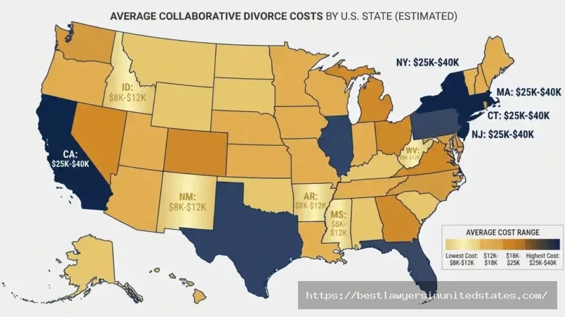 United States heat map showing average collaborative divorce costs by state with California and New York highest