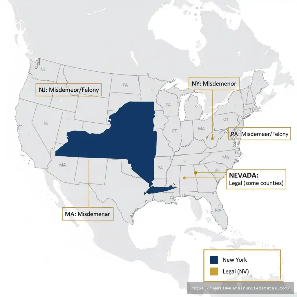 United States map comparing prostitution laws and penalties across New York and neighboring states