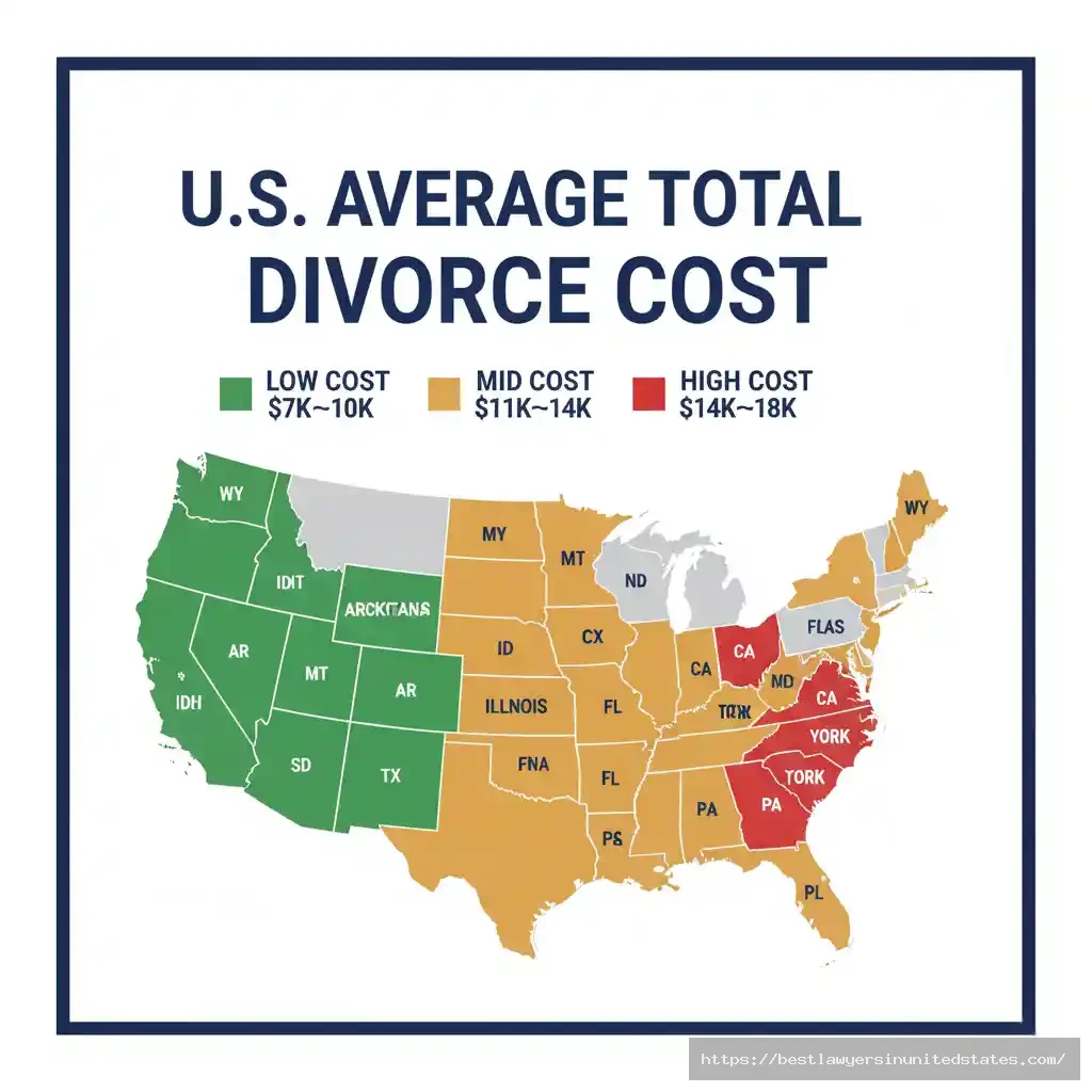 United States map showing average divorce costs by state divided into low, medium and high-cost tiers
