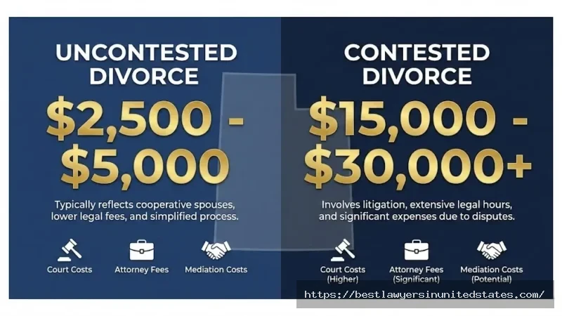 Utah divorce cost comparison showing uncontested divorce costs $2,500-$5,000 versus contested divorce costs $15,000-$30,000 in 2026