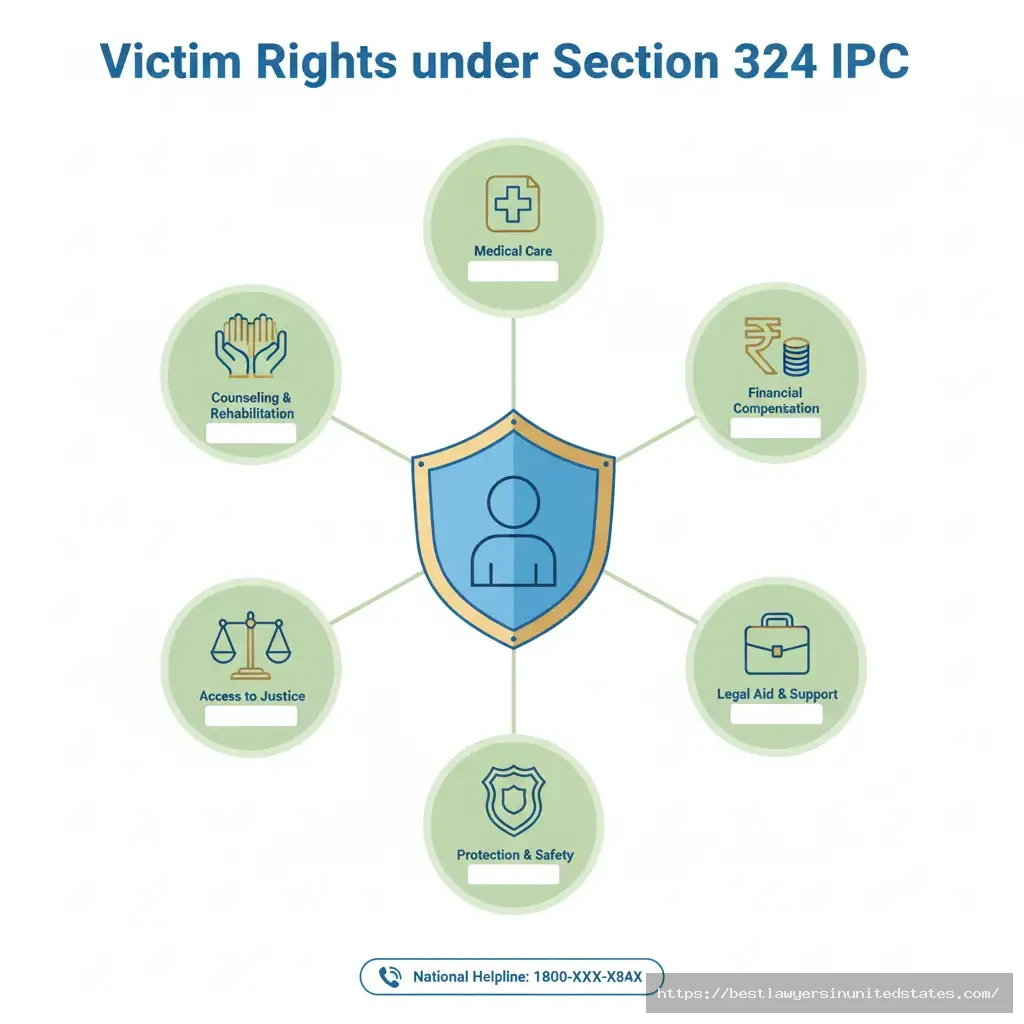 Victim rights infographic showing six key entitlements medical care, compensation, legal aid, police protection, counseling, and access to justice