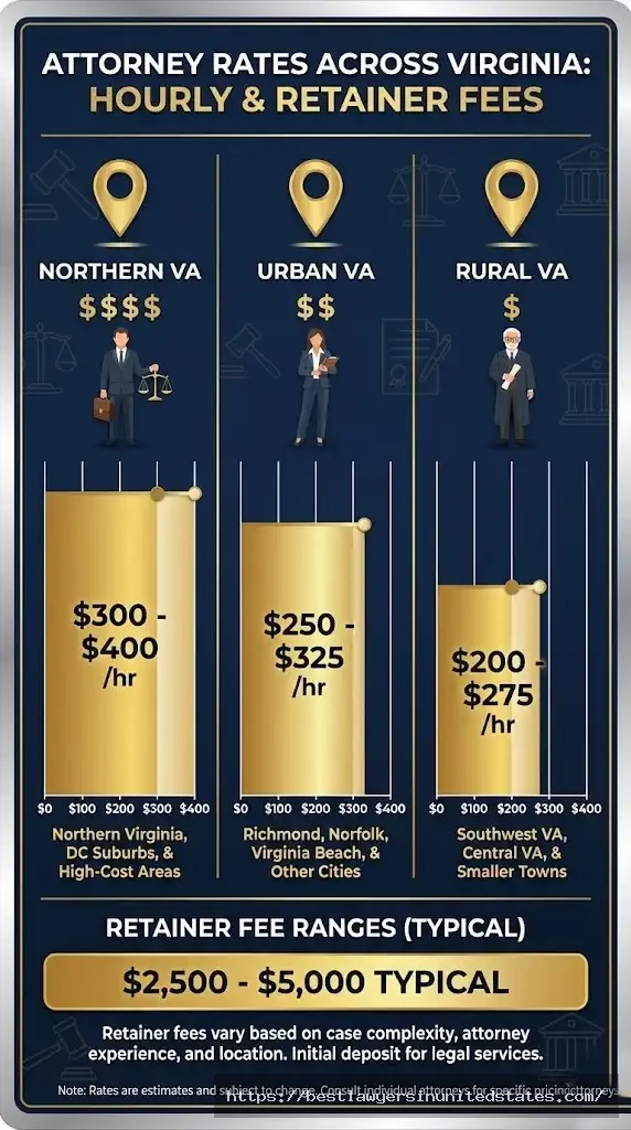 Virginia divorce attorney hourly rates by region showing Northern Virginia at $300-$400 per hour versus rural areas at $200-$275