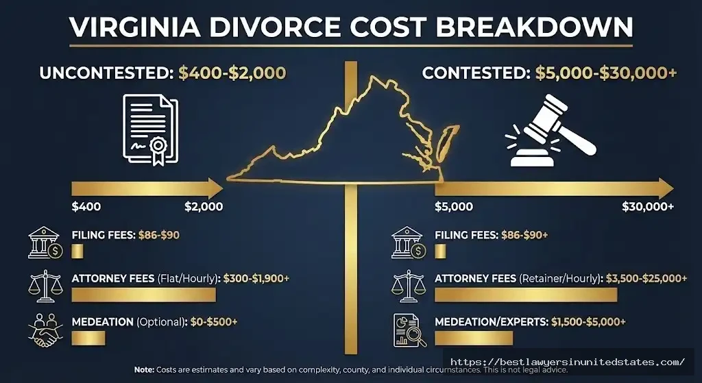 Virginia divorce cost comparison infographic showing uncontested divorce costs $400-$2,000 versus contested divorce costs $5,000-$30,000 plus