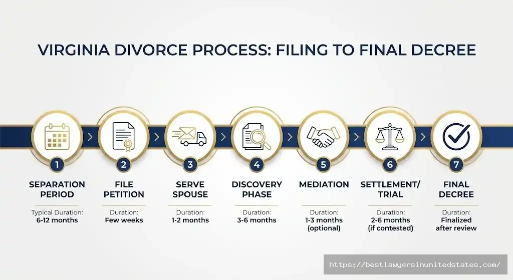 Virginia divorce process timeline showing seven stages from separation through final decree with typical duration for each phase