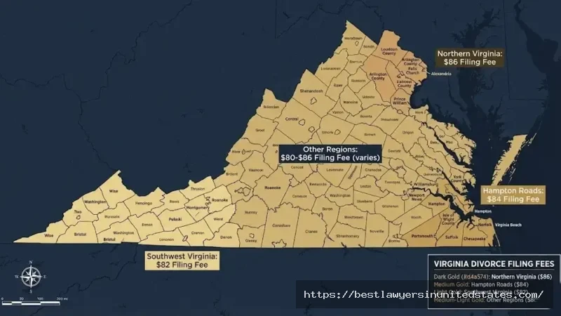 Virginia map showing divorce filing fees by county ranging from $86 to $90 across different regions