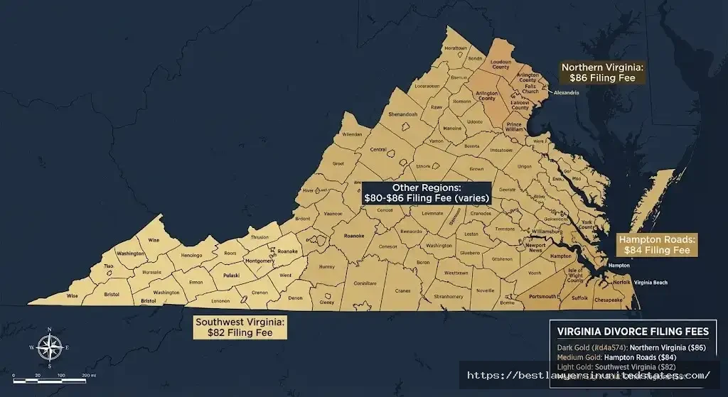 Virginia map showing divorce filing fees by county ranging from $86 to $90 across different regions