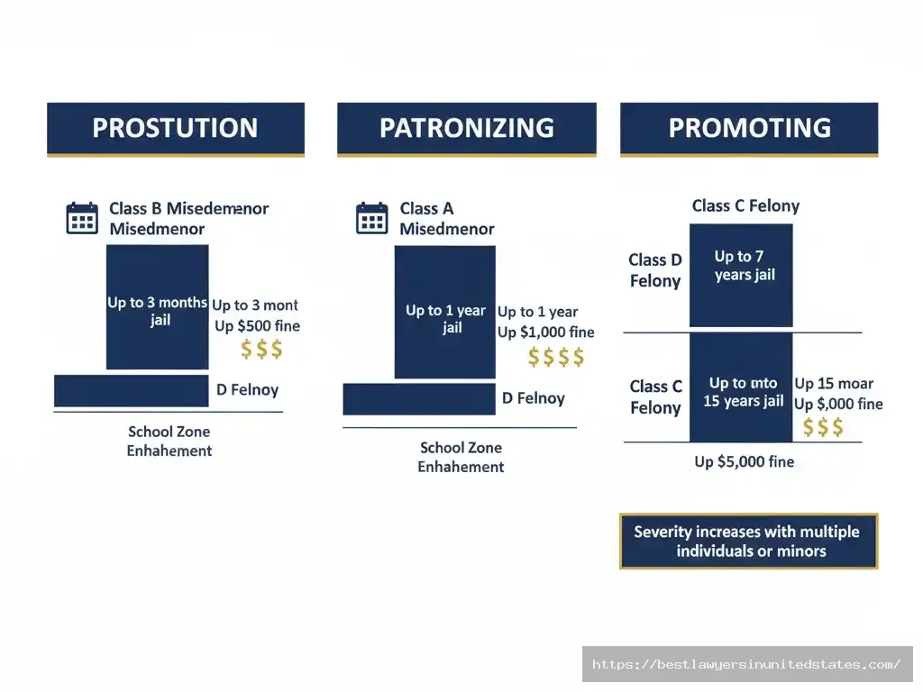 Visual comparison chart of New York prostitution, patronizing, and promoting penalties including fines and jail time