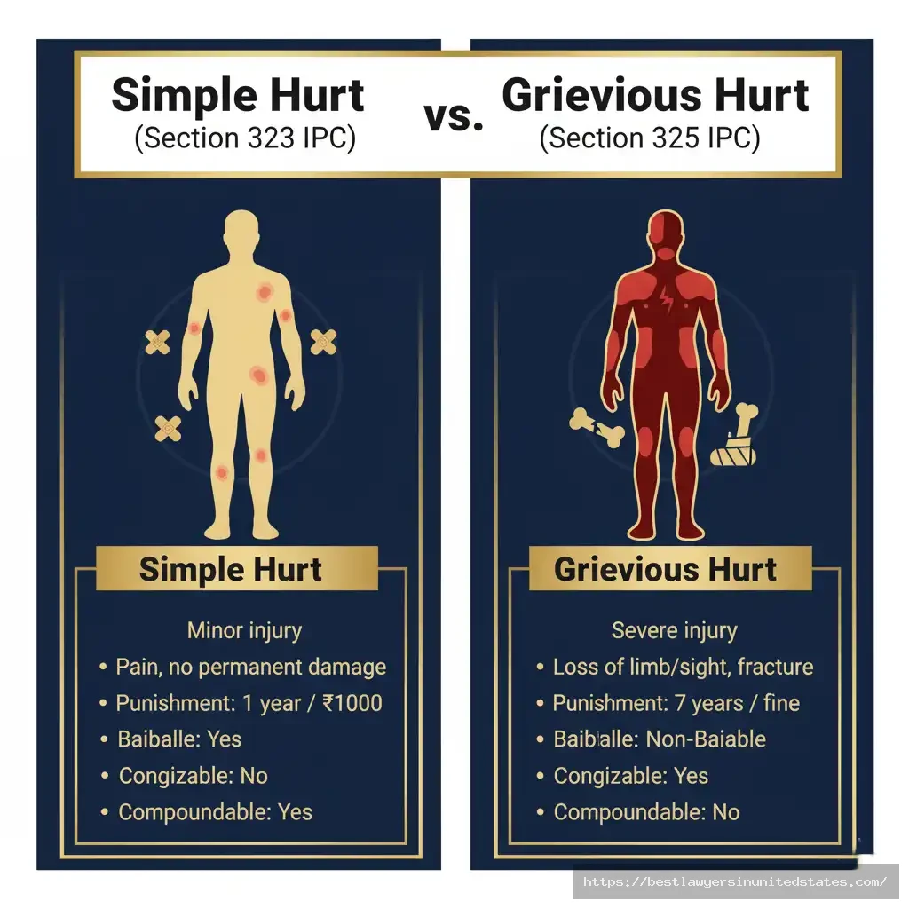 Visual comparison chart showing difference between simple hurt and grievous hurt under IPC
