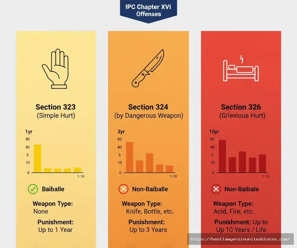 Visual comparison of IPC Sections 323, 324, and 326 showing differences in punishment, bail eligibility, and injury severity levels