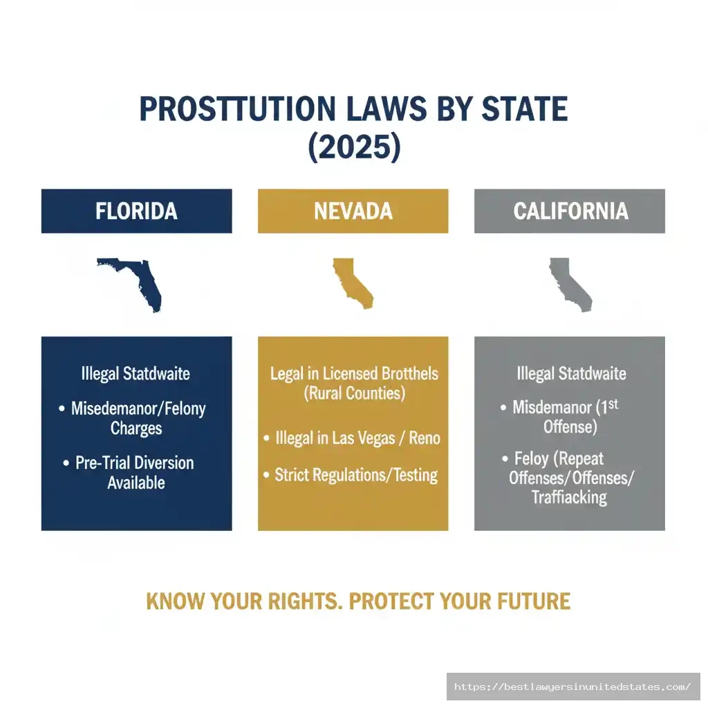 Visual comparison of prostitution laws in Florida, Nevada, and California with state maps