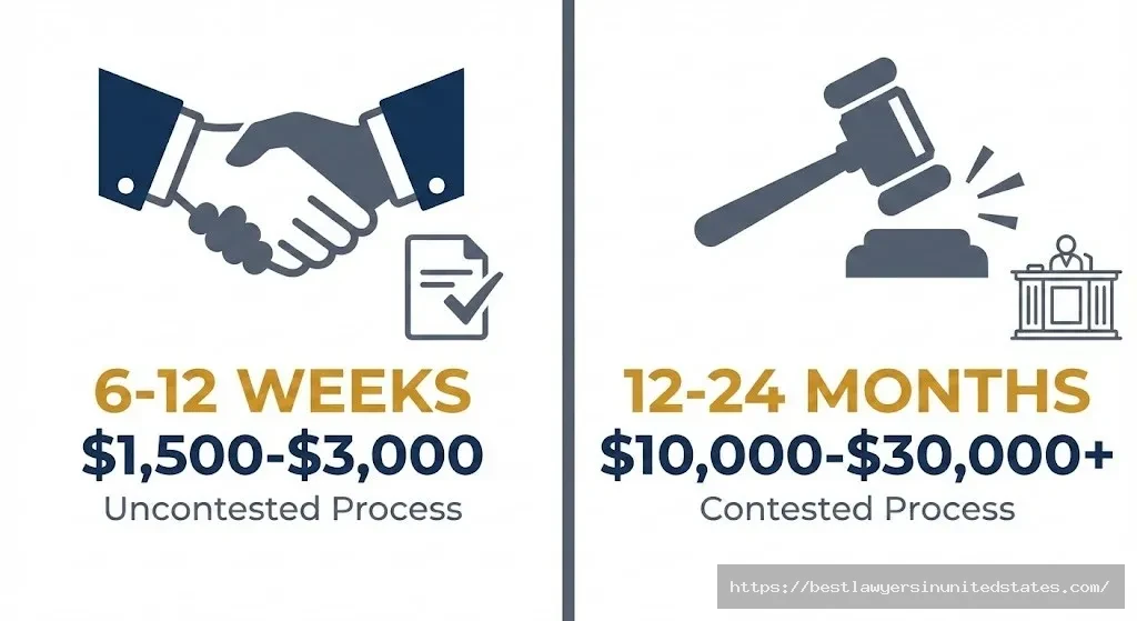 Visual comparison of uncontested divorce costing $1500-3000 taking 6-12 weeks versus contested divorce costing $10000-30000 taking 12-24 months in Alabama