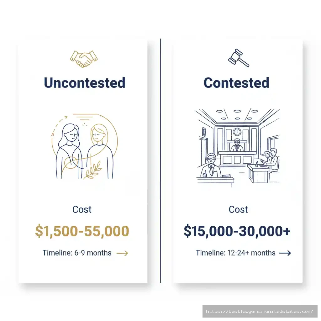 Visual comparison of uncontested divorce costs ($1,500-$5,000, 6-9 months) versus contested divorce costs ($15,000-$30,000, 12-24 months) in Illinois