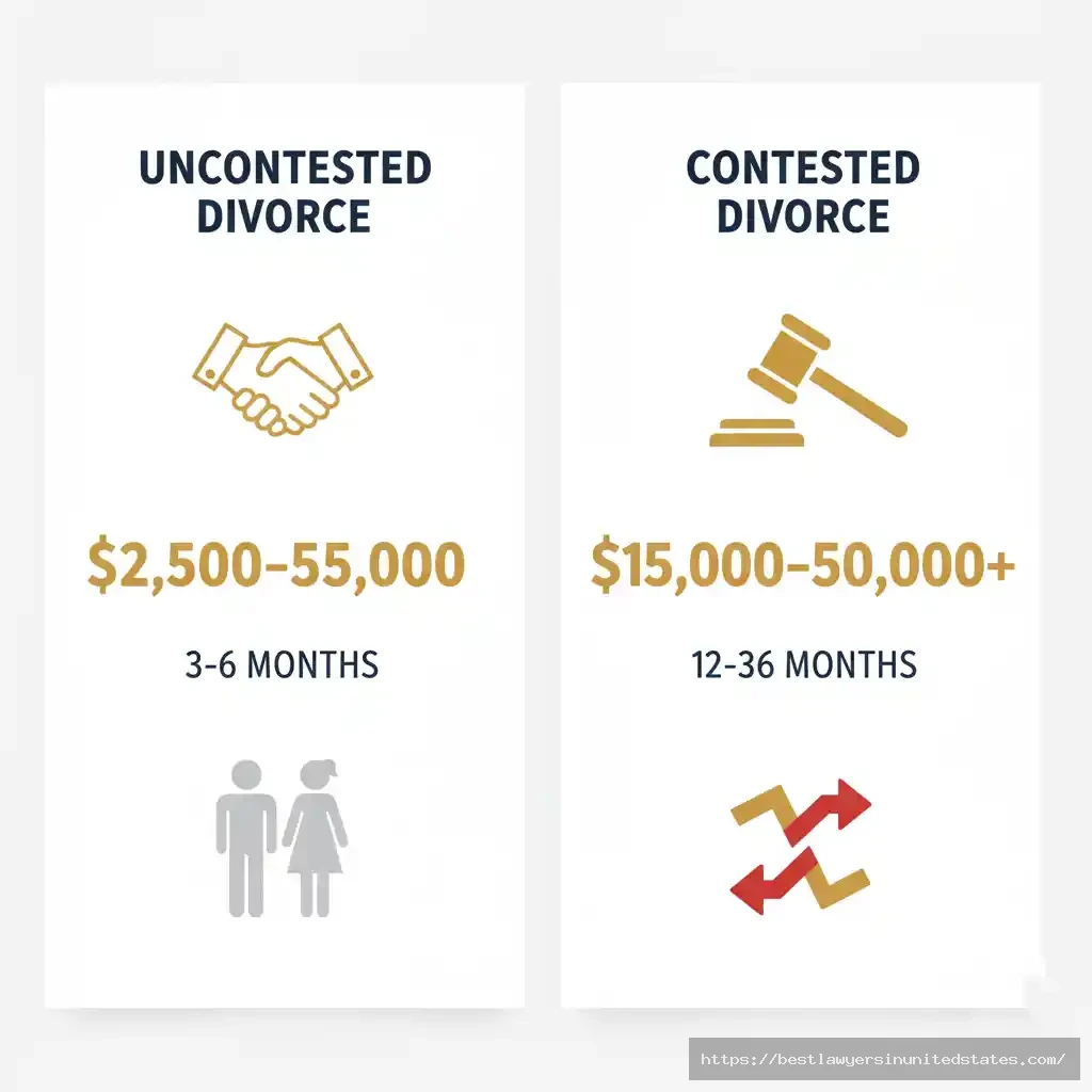 Visual comparison of uncontested divorce costs ($2,500-$5,000, 3-6 months) versus contested divorce costs ($15,000-$50,000+, 12-36 months) in New York