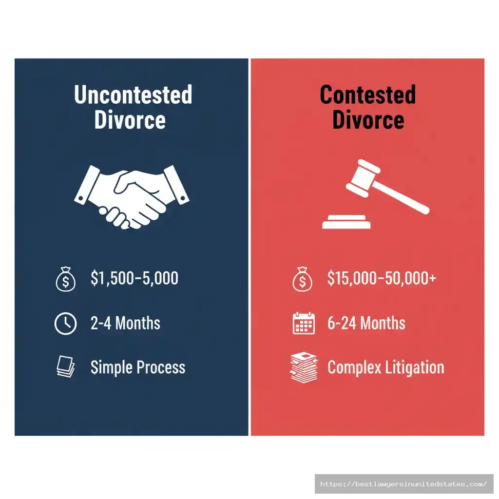 Visual comparison of uncontested divorce versus contested divorce in Texas showing cost differences, timelines, and complexity levels