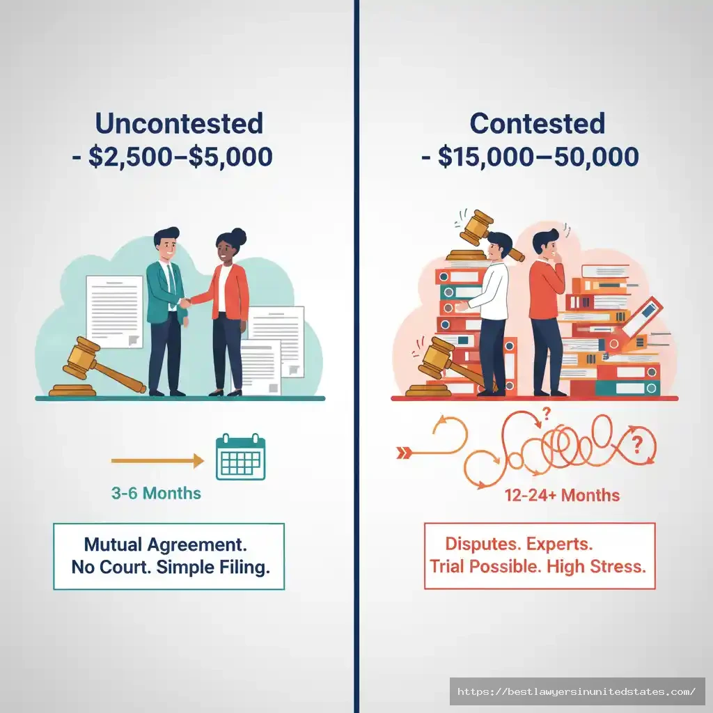Visual comparison of uncontested versus contested Florida divorce showing cost timeline and complexity differences
