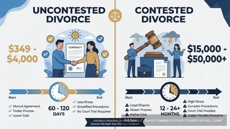 Visual comparison of uncontested versus contested divorce costs and timelines in Arizona showing cost and duration differences