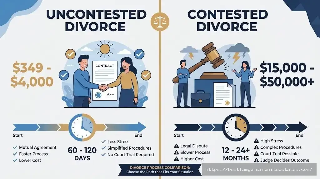 Visual comparison of uncontested versus contested divorce costs and timelines in Arizona showing cost and duration differences