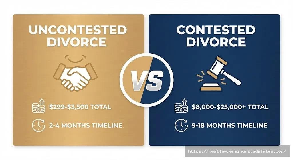 Visual comparison of uncontested versus contested divorce costs and timelines in Nevada