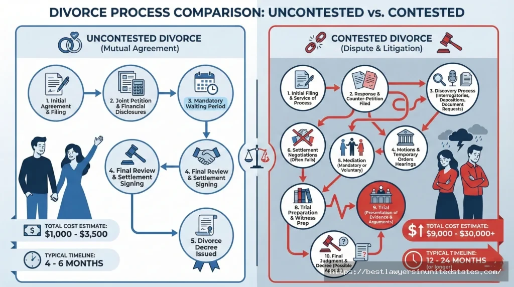Visual comparison of uncontested vs contested divorce costs in Wisconsin showing timeline, expenses, and process complexity differences