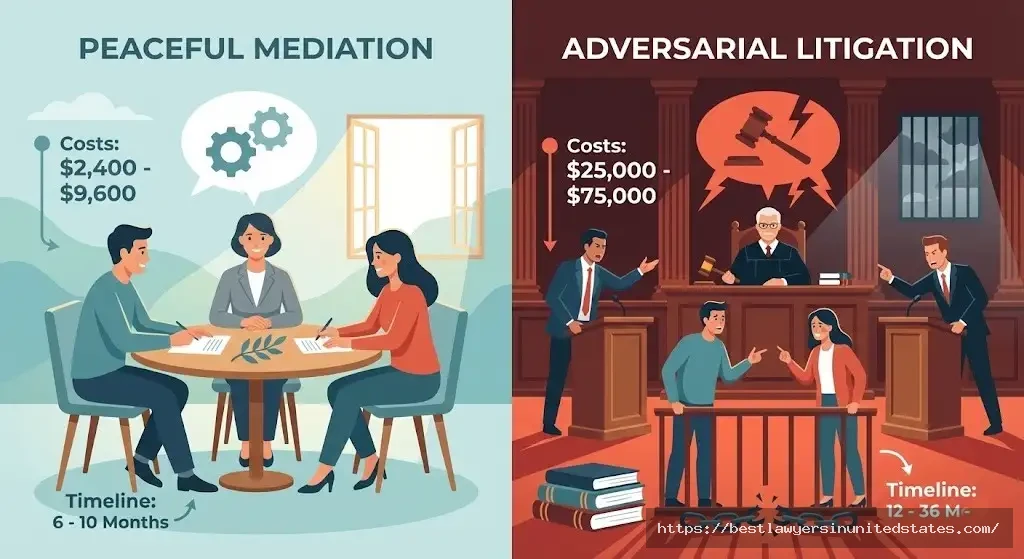 Visual comparison showing mediation costs $2,400-$9,600 versus litigation $25,000-$75,000 in Massachusetts