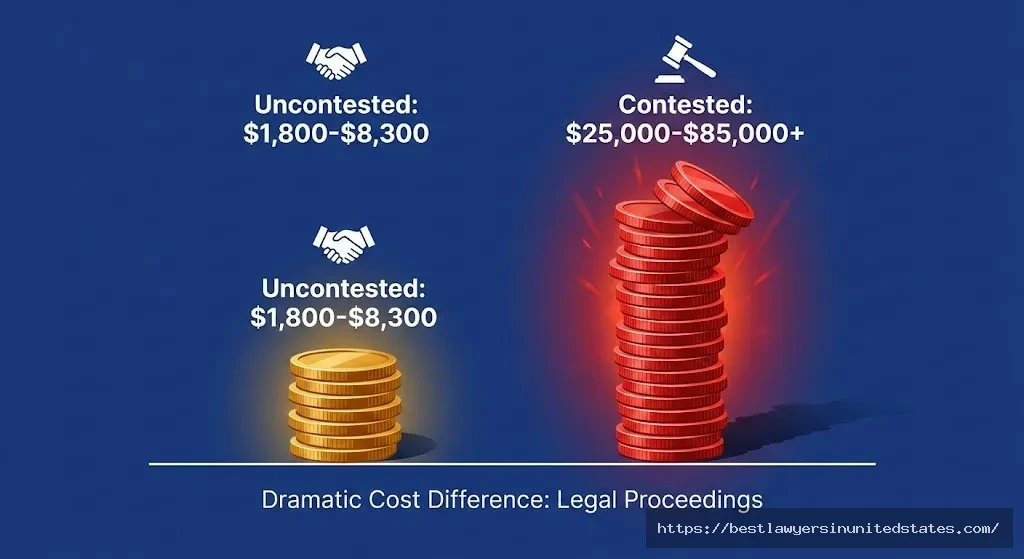 Visual comparison showing uncontested Oregon divorce costs $1,800-$8,300 versus contested divorce costs $25,000-$85,000 or more