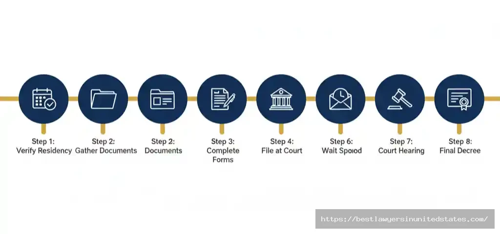 Visual timeline of 8-step DIY divorce process from residency verification to final decree