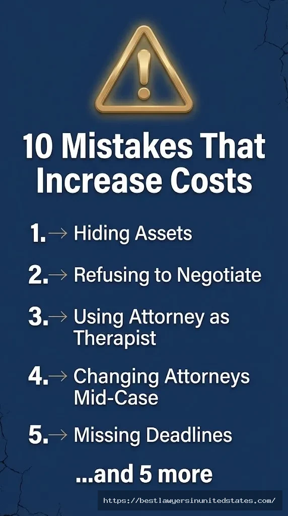 Warning sign showing top 10 mistakes that increase Nevada divorce costs including hiding assets and missing deadlines
