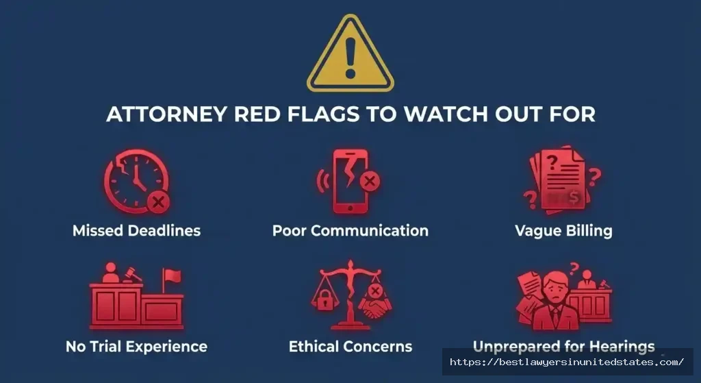 Warning signs and red flags to watch for when hiring a divorce attorney including missed deadlines and poor communication