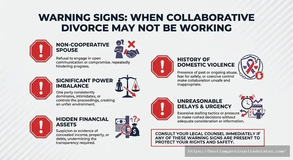 Warning signs graphic showing when collaborative divorce may fail including lack of cooperation and hidden assets