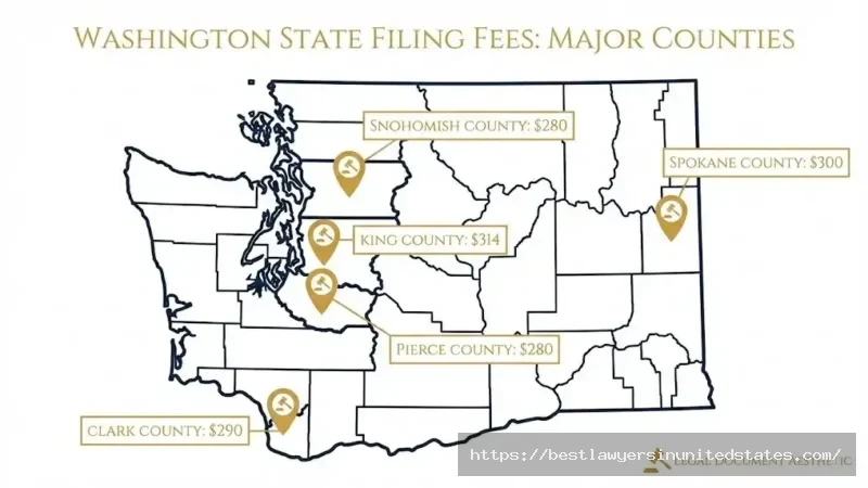 Washington State county-by-county divorce filing fees map 2026 showing King Pierce Spokane Clark counties