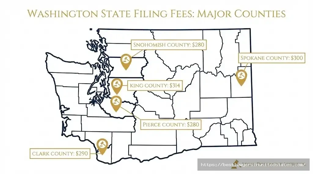 Washington State county-by-county divorce filing fees map 2026 showing King Pierce Spokane Clark counties