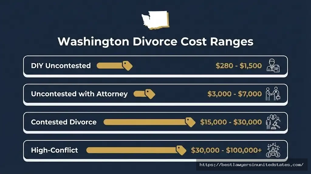 Washington State divorce cost ranges 2026 infographic showing DIY uncontested to high-conflict contested prices