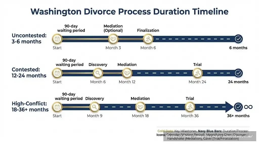 Washington State divorce timeline infographic showing uncontested contested and high-conflict case durations