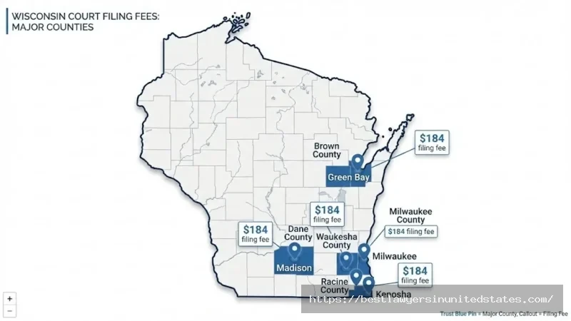 Wisconsin county divorce filing fees map 2026 showing $184 court costs across Milwaukee, Dane, Waukesha, and other major counties