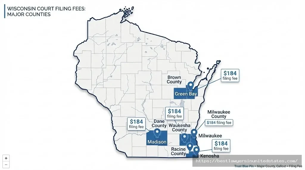 Wisconsin county divorce filing fees map 2026 showing $184 court costs across Milwaukee, Dane, Waukesha, and other major counties