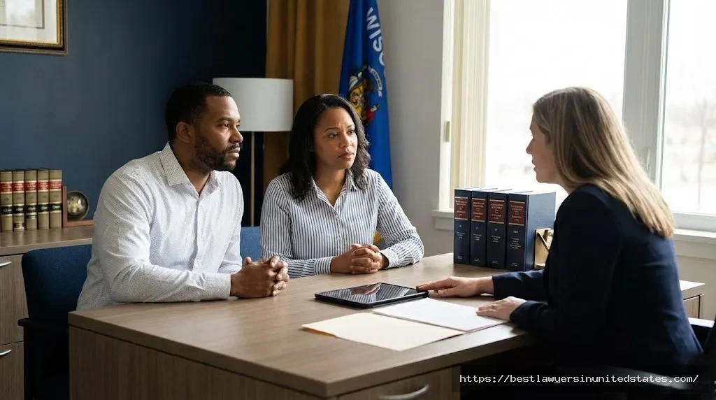 Wisconsin couple consulting with divorce attorney about costs and legal process in professional law office setting