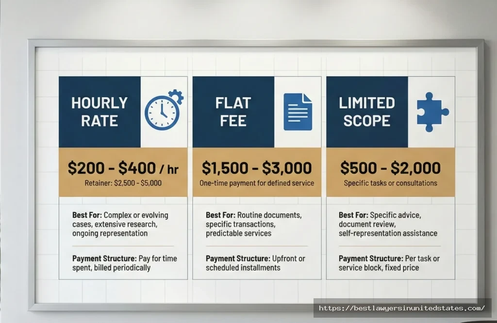 Wisconsin divorce attorney fee structure comparison chart - hourly rates, flat fees, and limited scope representation costs