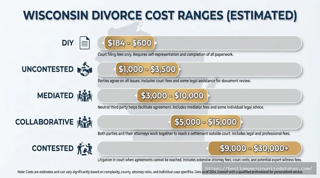 Wisconsin divorce cost ranges by type 2026 - infographic showing DIY, uncontested, mediated, collaborative, and contested divorce costs