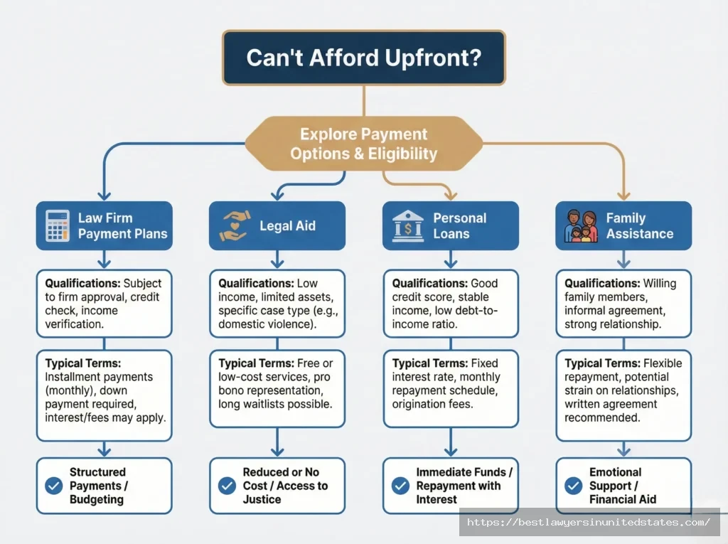 Wisconsin divorce payment options flowchart showing law firm payment plans, legal aid, personal loans, and family assistance alternatives