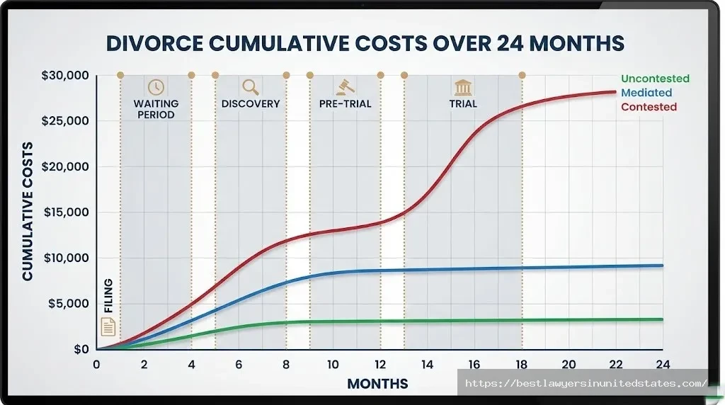 Wisconsin divorce timeline and cost correlation chart showing how expenses escalate from 4 months to 24 months across different divorce types