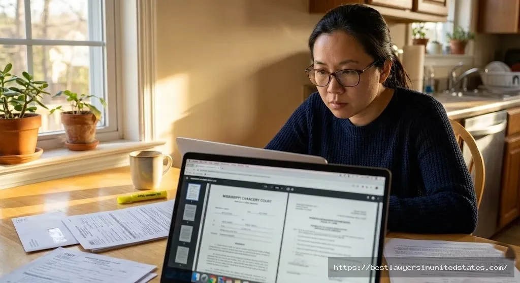 Woman completing DIY Mississippi divorce paperwork on laptop at home representing low-cost self-filing divorce option