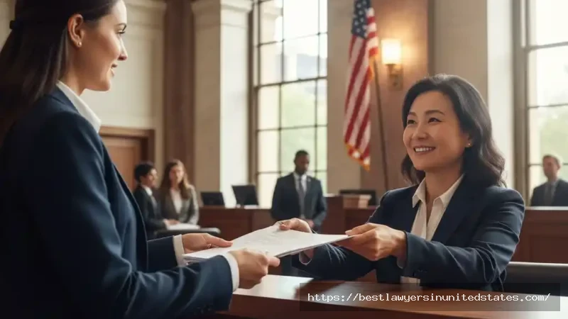 Woman filing DIY divorce papers at courthouse clerk counter with professional assistance