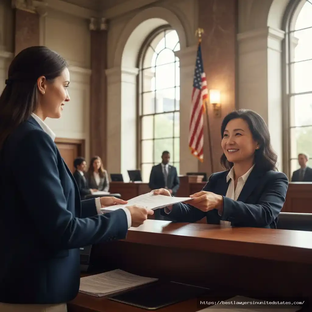Woman filing DIY divorce papers at courthouse clerk counter with professional assistance