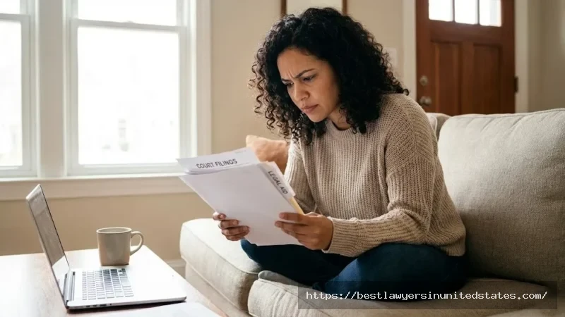 Woman researching DIY divorce options and reading legal documents for Indiana pro se divorce