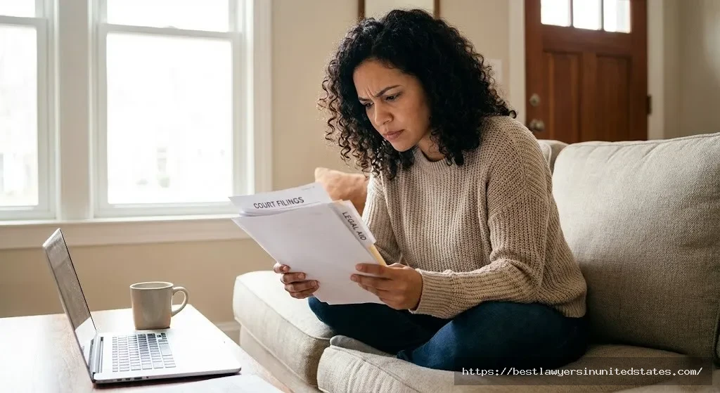 Woman researching DIY divorce options and reading legal documents for Indiana pro se divorce