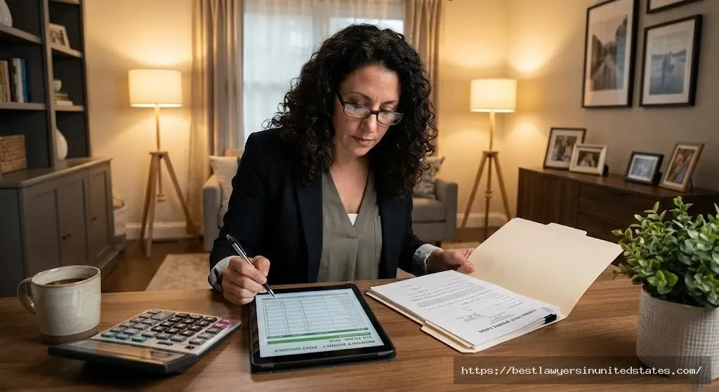 Woman reviewing Connecticut divorce costs and budget planning with financial documents and calculator