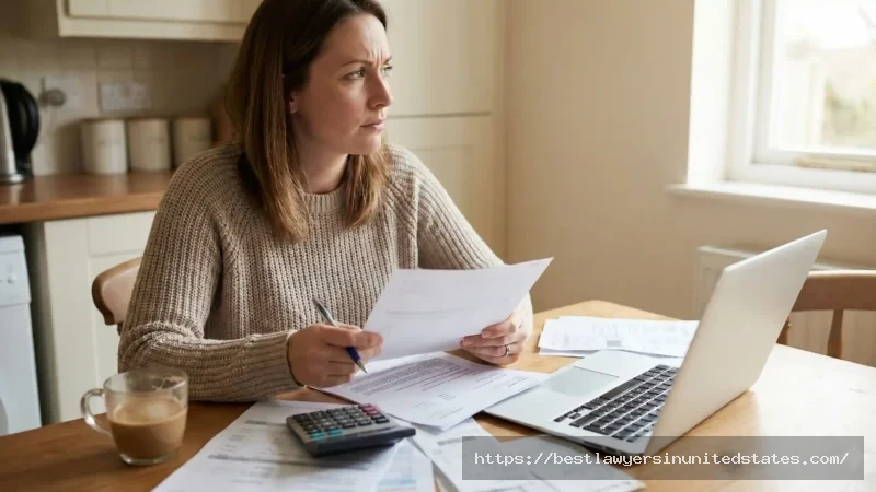 Woman reviewing divorce-related expenses and legal documents while calculating costs at home
