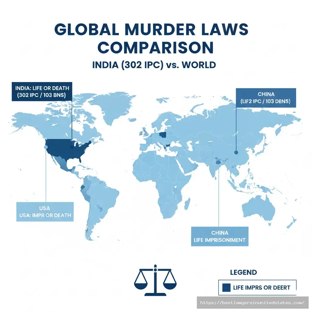 World map comparing global murder laws and punishments under 302 IPC and 103 BNS.